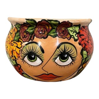 Signed One-of-a-Kind Patricia Galding Paquin Lady Face Wall Planter 1998 Hand-Painted Ceramic Folk Art For Sale