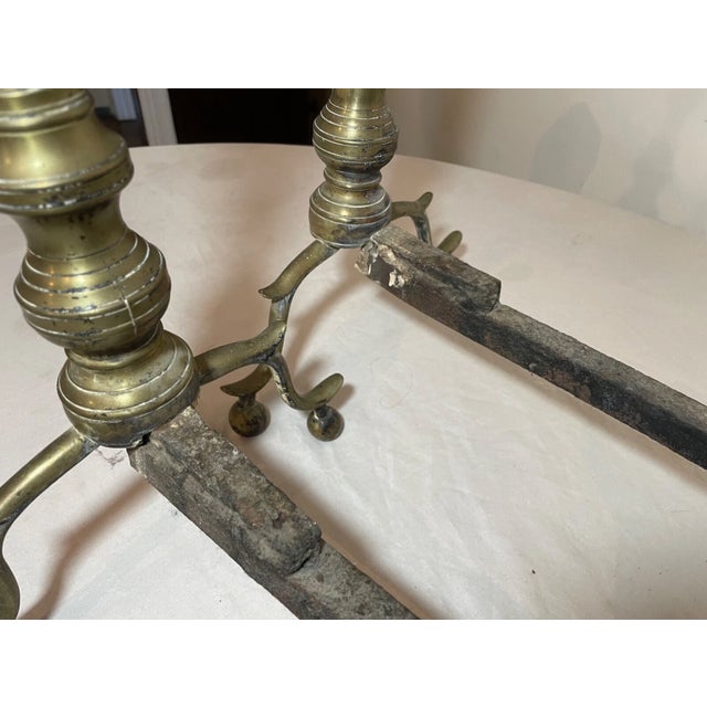 Pair of Turned 18th Century Peened Brass Wrought Iron Georgian Andirons 1700's For Sale - Image 12 of 15