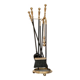 Vintage Brass and Wrought Iron Fireplace Tool Set—6 Pieces For Sale