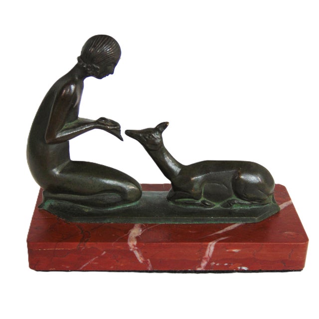 Metal Antique Art Deco Bronze Sculpture "Woman Feeding Deer" on Red Marble Base 6.5"l X 5.5"h For Sale - Image 7 of 10