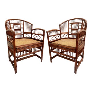 1960 Brighton Pavilion Style Chinoiserie Bamboo Side Arm Chairs - Set of 2 For Sale