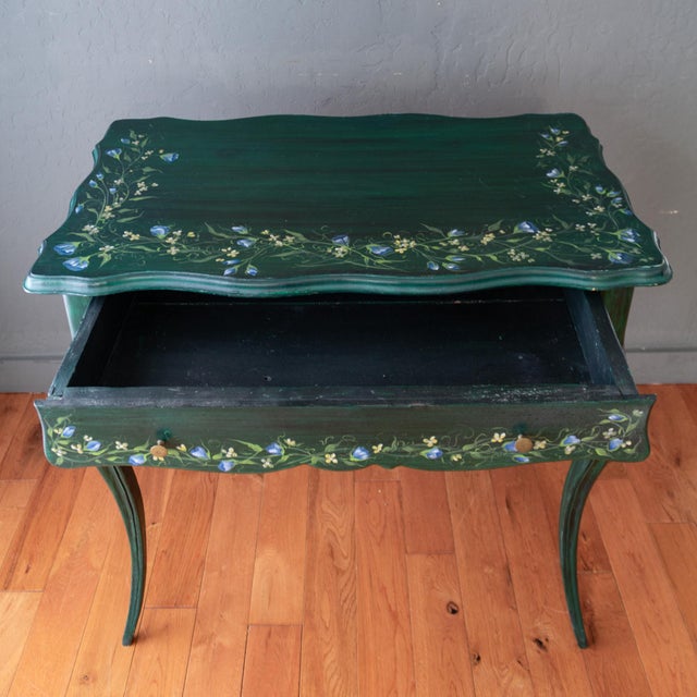 Antique Louis XV Style Hand Painted Green Desk With Morning Glory Floral Motif For Sale - Image 16 of 18