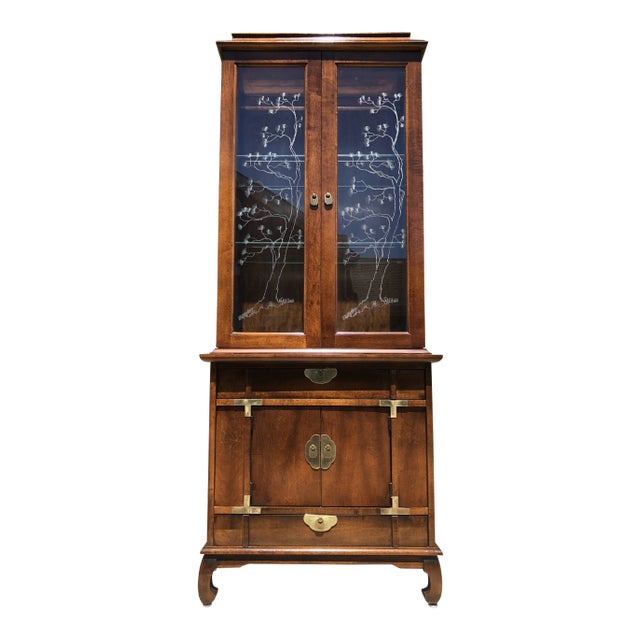 1970s Mid Century Modern Ming Pagoda Top Campaign China Cabinet For Sale
