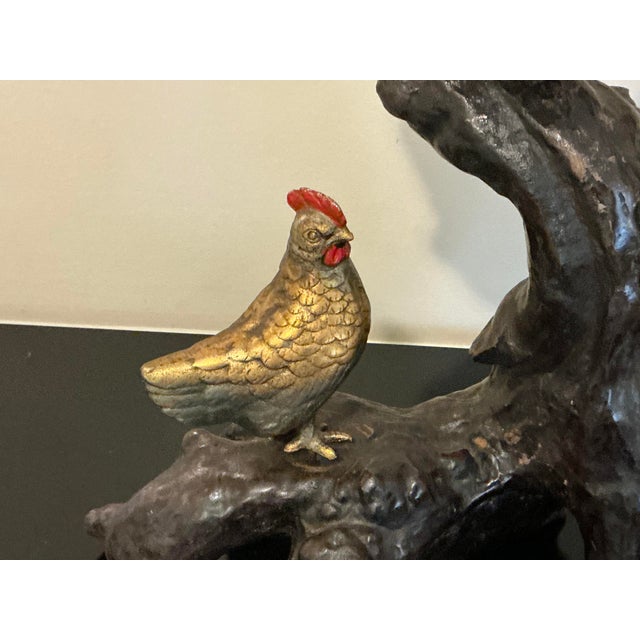 Mid 20th Century Hollywood Regency Japanese Meiji Style Bronze Sculpture of Rooster & Hen on Root Wood Base For Sale - Image 5 of 9