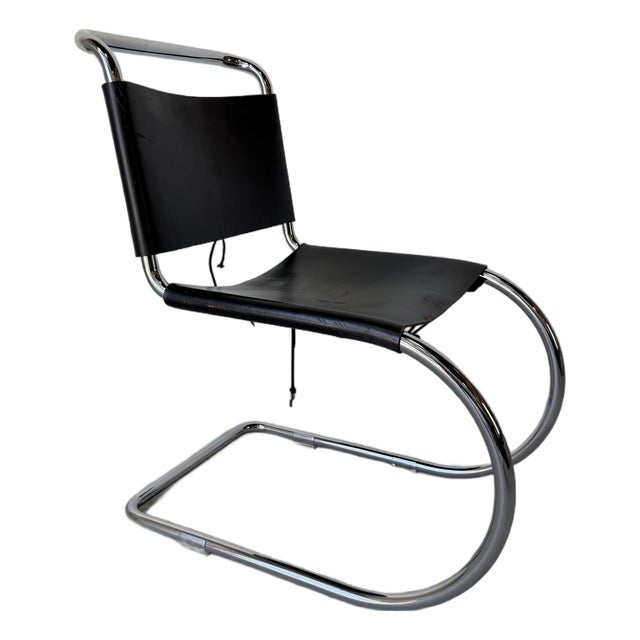 1960s Mies Van Der Rohe Style Chrome & Black Leather Cantilever Accent Desk Chair For Sale