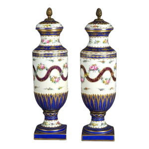 Pair of Antique French Porcelain Hand Painted & Gilt Decorated Bolted Urns Vases