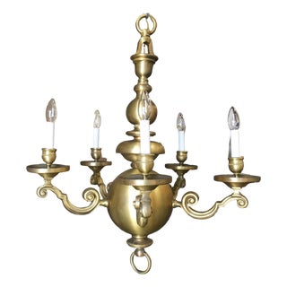 1990s English Georgian Style Heavy Brass 5 Arm Electric Chandelier For Sale