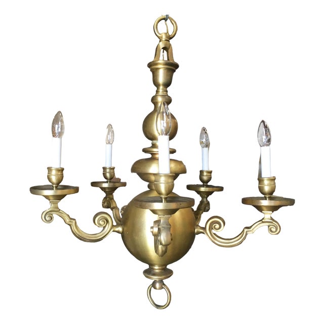 1990s English Georgian Style Heavy Brass 5 Arm Electric Chandelier For Sale