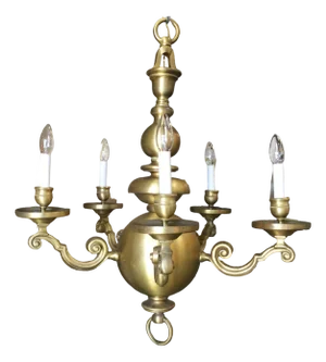 1990s English Georgian Style Heavy Brass 5 Arm Electric Chandelier