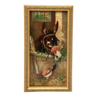 Late 19th Century Signed Oil Painting Farm Seen the Donkey and Hen on Wood Panel For Sale