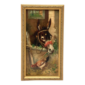 Late 19th Century Signed Oil Painting Farm Seen the Donkey and Hen on Wood Panel