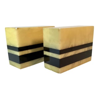 Art Deco Alabaster Marble Block Book Ends With Black Stripe - a Pair For Sale
