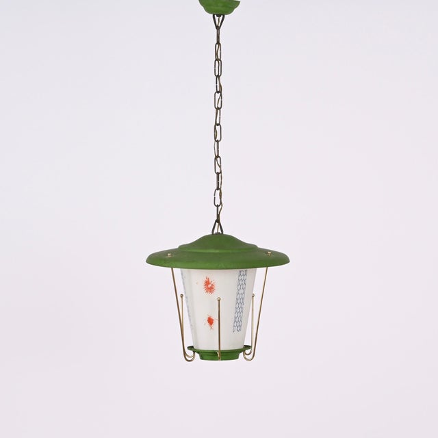 Mid-Century Italian Round Opaline Glass and Brass Green Lantern Chandelier, 1950s For Sale - Image 4 of 18