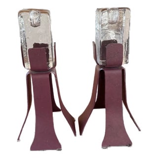 1980s Scandinavian Brutalist–Postmodern Iron & Ice Glass Candle Holders For Sale