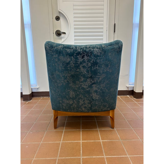 Blue peacock chenille with walnut frame. Arteriors club chair. Displayed in studio since purchased. Width / Diameter:...