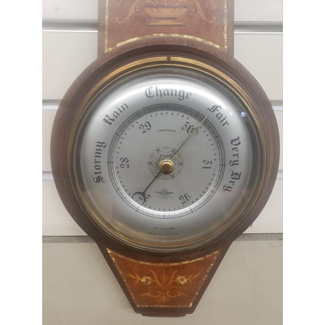 English Mid-Century English Inlaid Burlwood Barometer / Thermometer For Sale - Image 3 of 8
