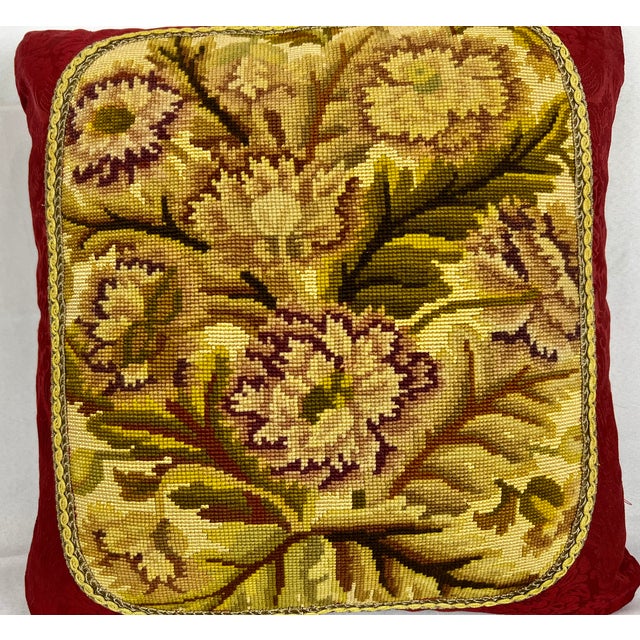 Mustard Pair of Antique Hand Stitched Exotic Floral Needlepoint Cushions/Pillows-Red Damask Backing For Sale - Image 8 of 10