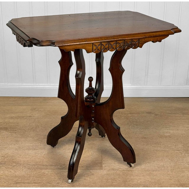 Victorian Antique Eastlake Victorian Walnut Carved Parlor Side Table For Sale - Image 3 of 14