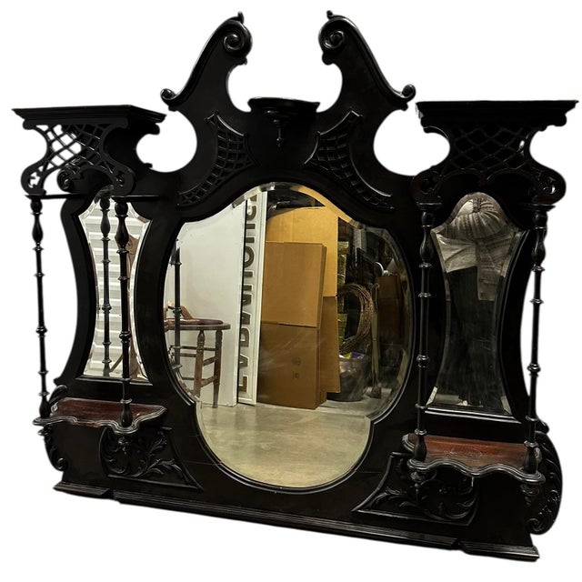 Antique Ebonized Victorian Architectural Mirror With 3 Beveled Mirrors & Shelves – Chippendale Revival For Sale In Las Vegas - Image 6 of 12