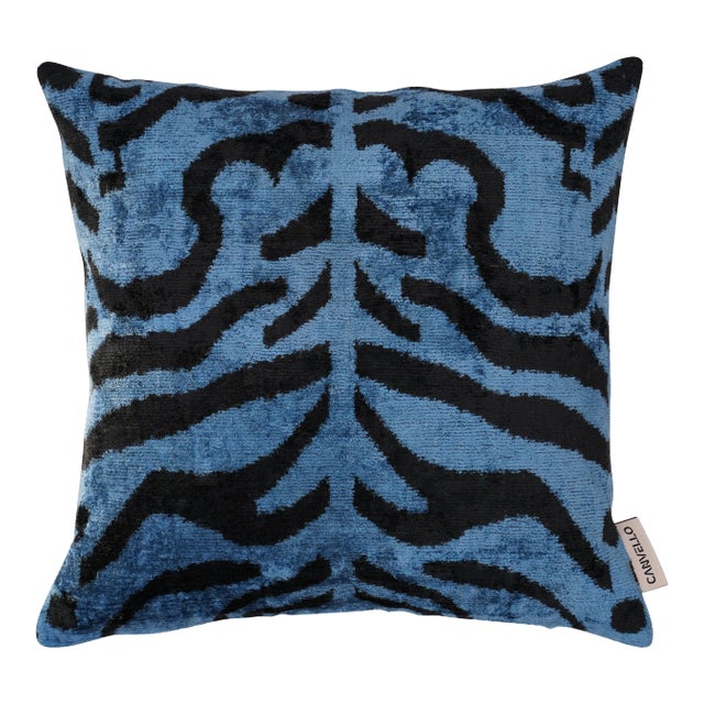 Contemporary Luxury Blue Handmade Silk Tiger Print Throw Pillow With Down Insert For Sale
