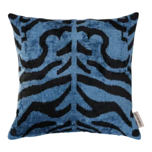Contemporary Luxury Blue Handmade Silk Tiger Print Throw Pillow With Down Insert