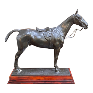 Large Cast Metal Horse Sculpture on Wood Plinth, First Half of the 20th Century