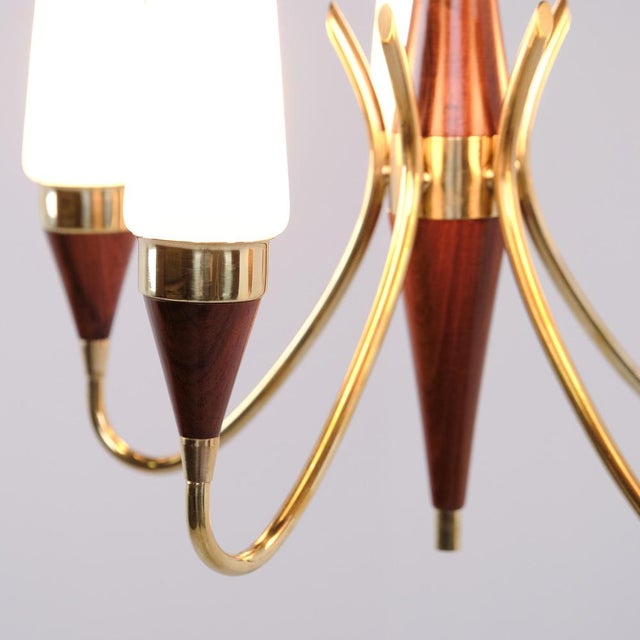 Wood 5-Arm Chandelier in Brass and Teak with Opal Glass by Bent Karlby for Lyfa 1960s For Sale - Image 7 of 13