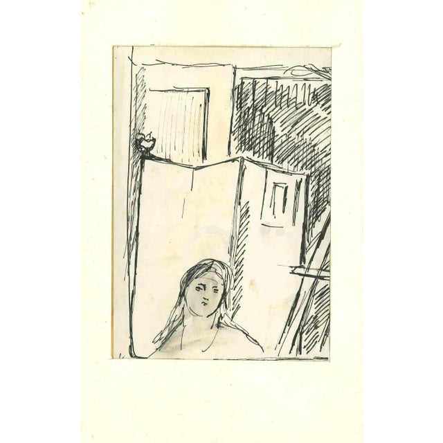 Figure in an Interior is an original pen drawing realized by Herta Hausmann. Good condition on a yellowed paper, tear...