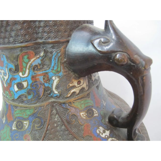 Metal Large Bronze Chinese Antique Champleve Double Elephant Handle Urn Vase For Sale - Image 7 of 9