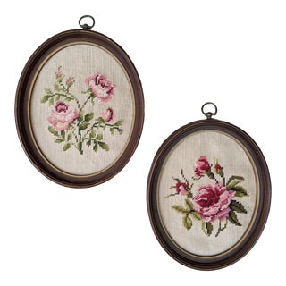 Mid 20th Century Floral Rose Chintz Framed Needlepoint Textile Wall Art- a Pair For Sale