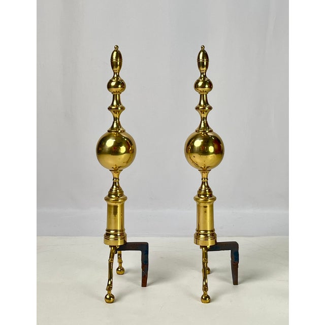 Hollywood Regency Vintage Tall Polished Brass & Cast Iron Ball Top Andirons - Pair For Sale - Image 3 of 14