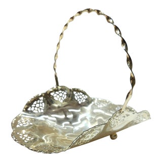 1960s Silver Plated Brass Swing Handle Basket Dish For Sale