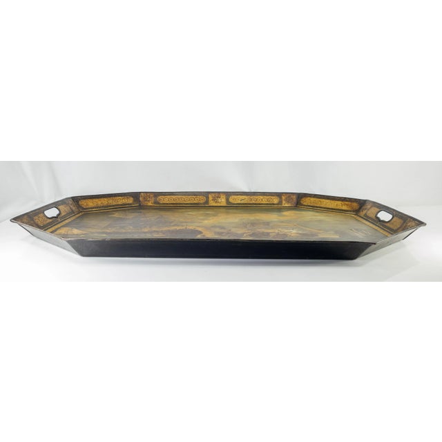 Black 19th Century Finely Painted English or French Pontypool Toleware Tray With Naval Battle For Sale - Image 8 of 11