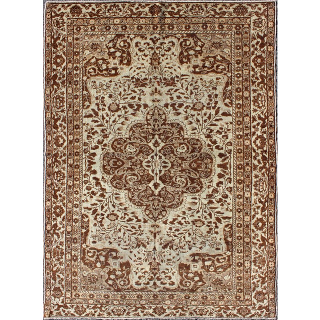 Antique Tabriz With Leaflet Motifs in Neutral Browns & Cream 5′1″ × 7′3″ For Sale