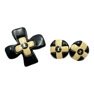 Chanel Vintage Gold Plated Beige Black CC Cross Clip on Earrings Brooch Set - 3 Pieces