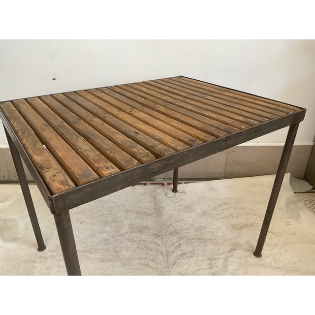 Vintage Industrial Metal Accent Table With Slatted Wooden Top For Sale - Image 4 of 14
