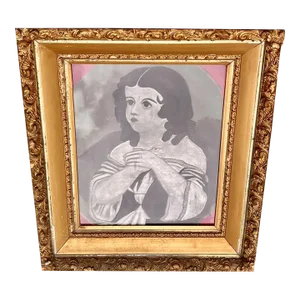 Antique Original Folk Art Girl with Bird Watercolor Painting in Gilt Frame
