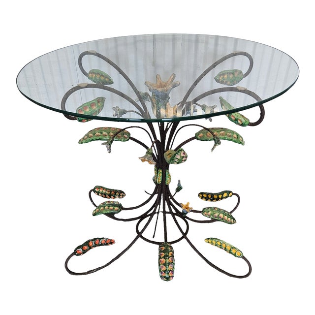 Late 20th Century Vintage Wrought Iron and Ceramic Floral Table For Sale