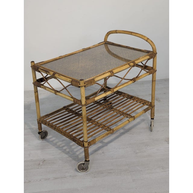 Gold Scandinavian Rattan, Raffia and Glass Serving Cart, 1960s For Sale - Image 8 of 14