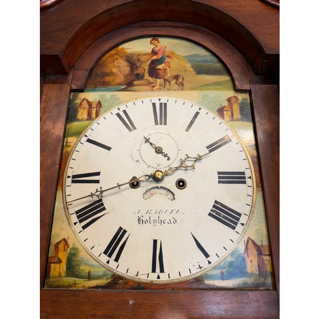 Wood 19th Century English Mahogany Inlaid Wide-Body Tall Case Clock With Hand-Painted Dial, Circa 1860–1870 For Sale - Image 7 of 17