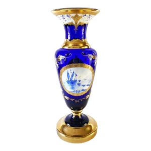 1960s Murano Attributed Mid Century Cobalt Blue Blown Glass Vase with Gold Gilt, Blue & White Painted Sailboat Scene, Tall
