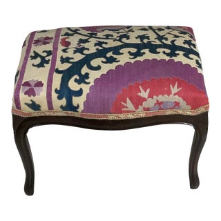 Vintage Foot Stool Upholstered With Antique Suzani Textile For Sale