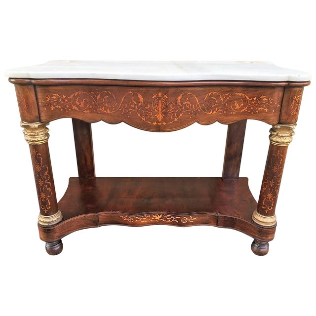 20th Century Marquetry Console Table With White Carrara Marble Top & Two Drawers For Sale