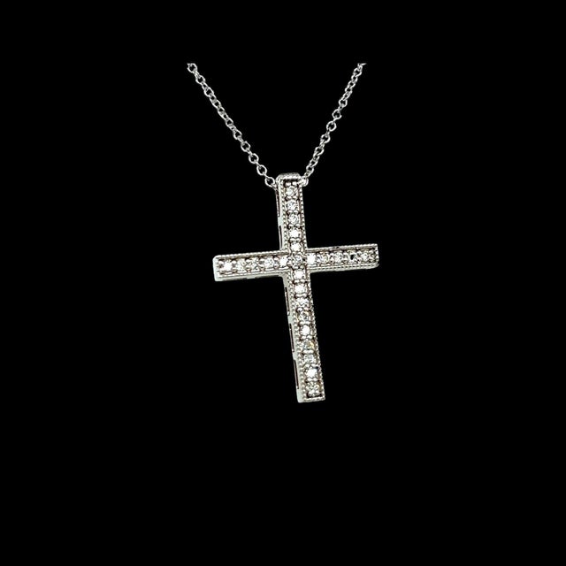 Traditional Natural Diamond Cross Pendant with Chain 17" 14k W Gold 0.25 CT Certified For Sale - Image 3 of 14