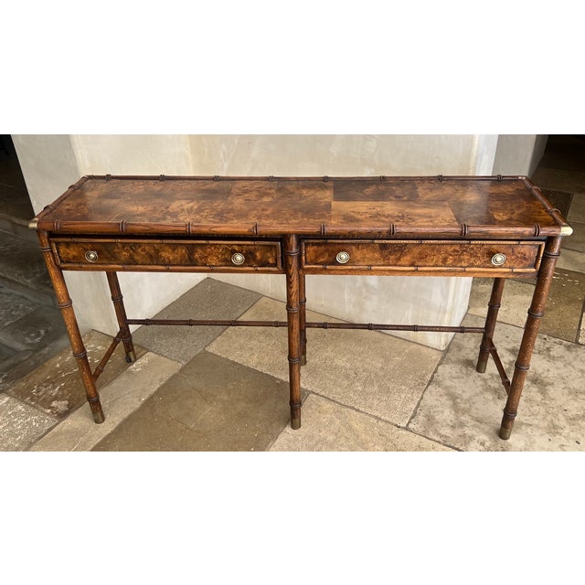 Brown Hekman Burl Wood, Faux Bamboo Console With Nesting Stools & Brass Accents For Sale - Image 8 of 14