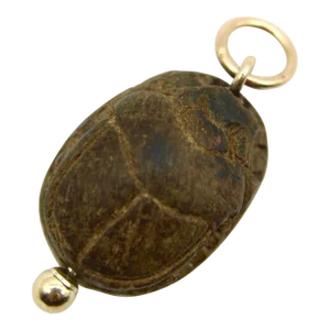 1920s Egyptian Revival Brown Faience Scarab Pendant With 14k Gold Mount