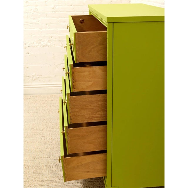 Vintage Chartreuse Highboy Dresser With Ornate Brass Rosette Pulls For Sale - Image 10 of 12