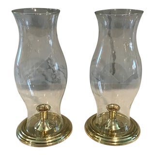 Glass Hurricane Brass Candleholders Colonial Williamsburg Brass and Clear Glass Hurricanes - Set of 2 For Sale