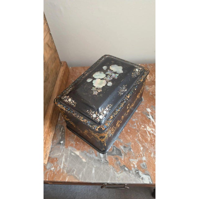 Antique Victorian Papier Mache Tea Caddy Mother of Pearl Inlay Black Lacquer Box Cut Crystal Mixing Bowl 19th Century For Sale - Image 4 of 17