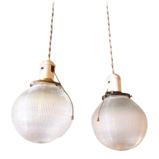 Pair of 1930s Industrial Holophane Glass Globe Pendant Lights For Sale